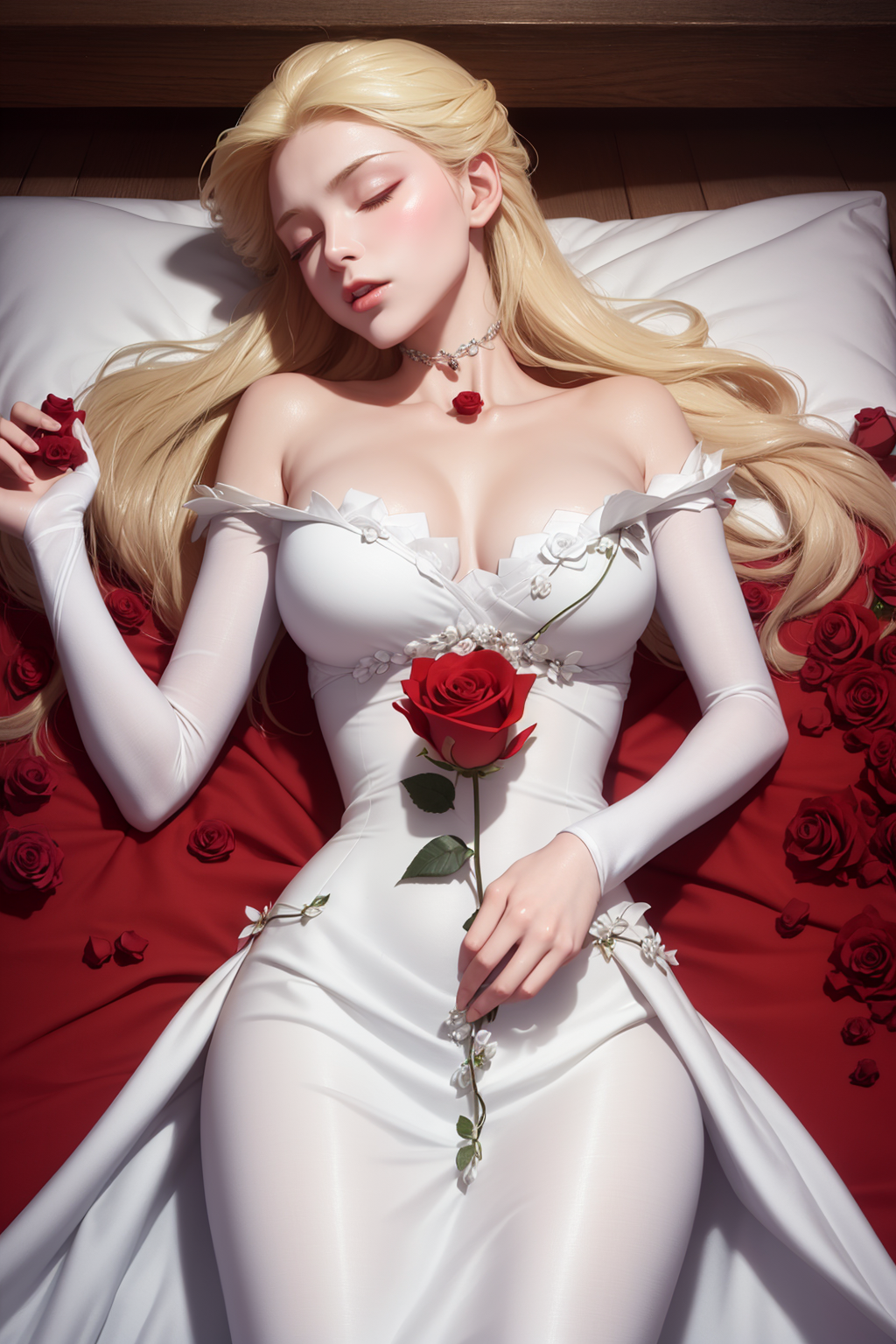 ultra detailed 8k cg, lying, red rose, white rose, sleeping beauty,